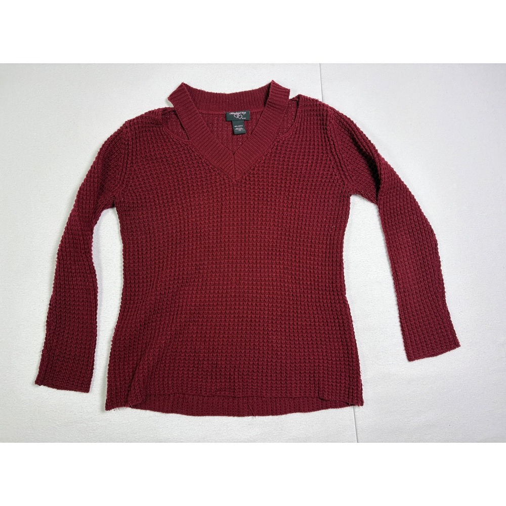 Hooked Up by IOT Womens XS Burgundy Waffle Knit Cold Shoulder V-Neck Sweater